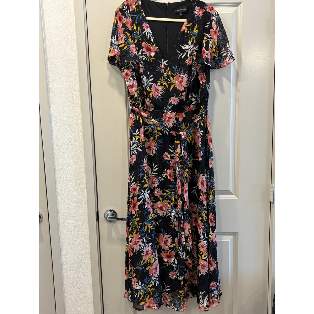 Lane Bryant Floral Clip Dot Maxi Dress Black Pink Yellow Flutter Sleeve Size 20